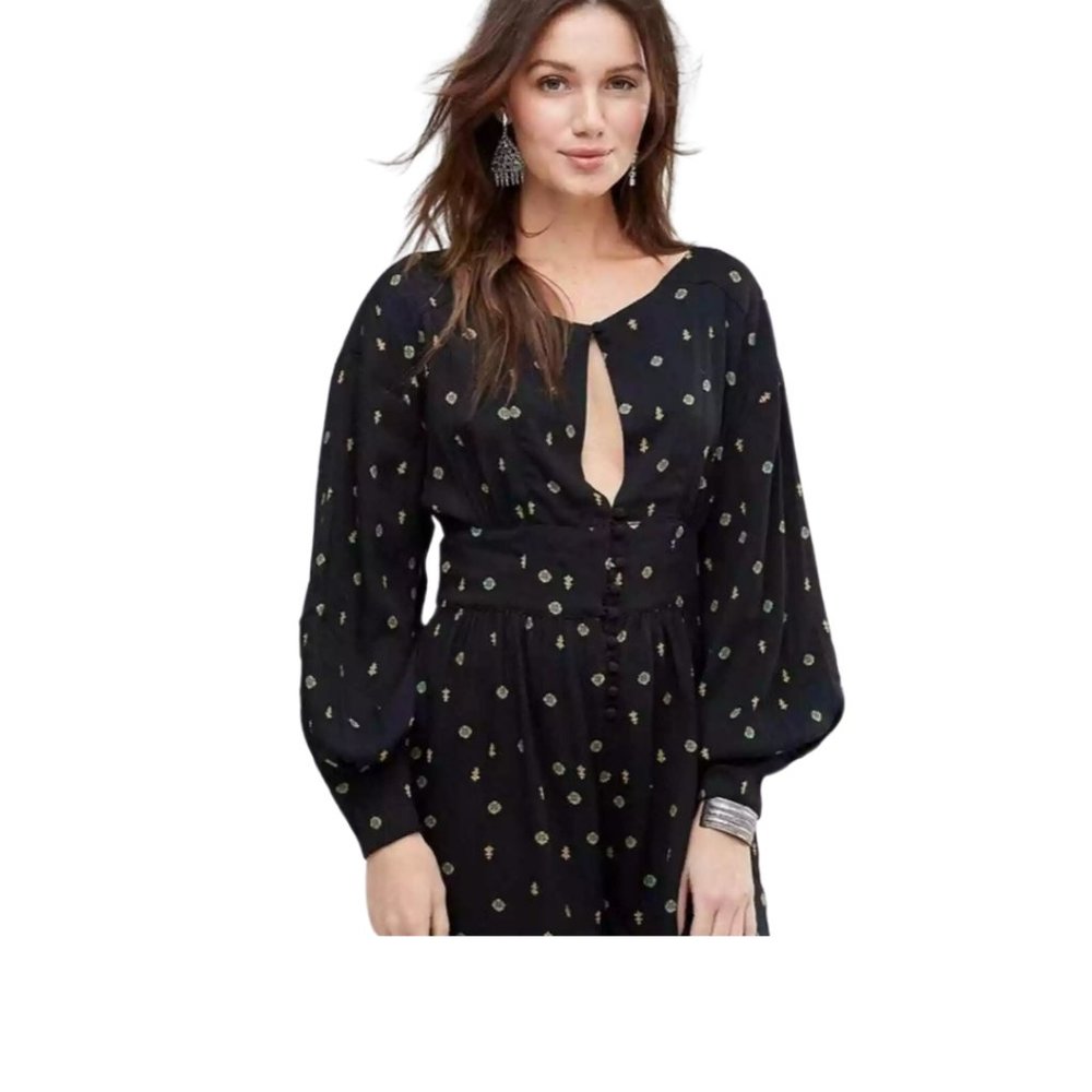 FREE PEOPLE Keyhole Front Button Printed Romper Love Grows
